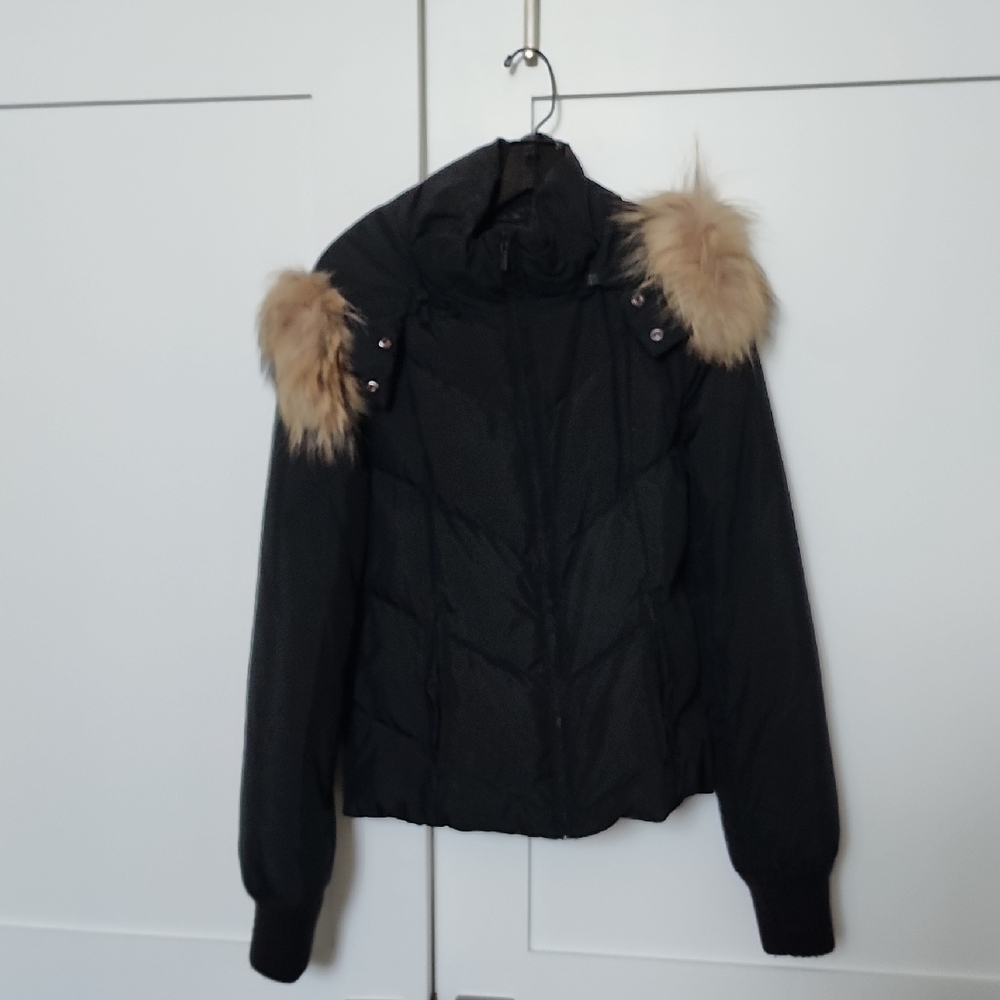 BCBGMaxAzria Black Puffer Jacket with Faux Fur Trim